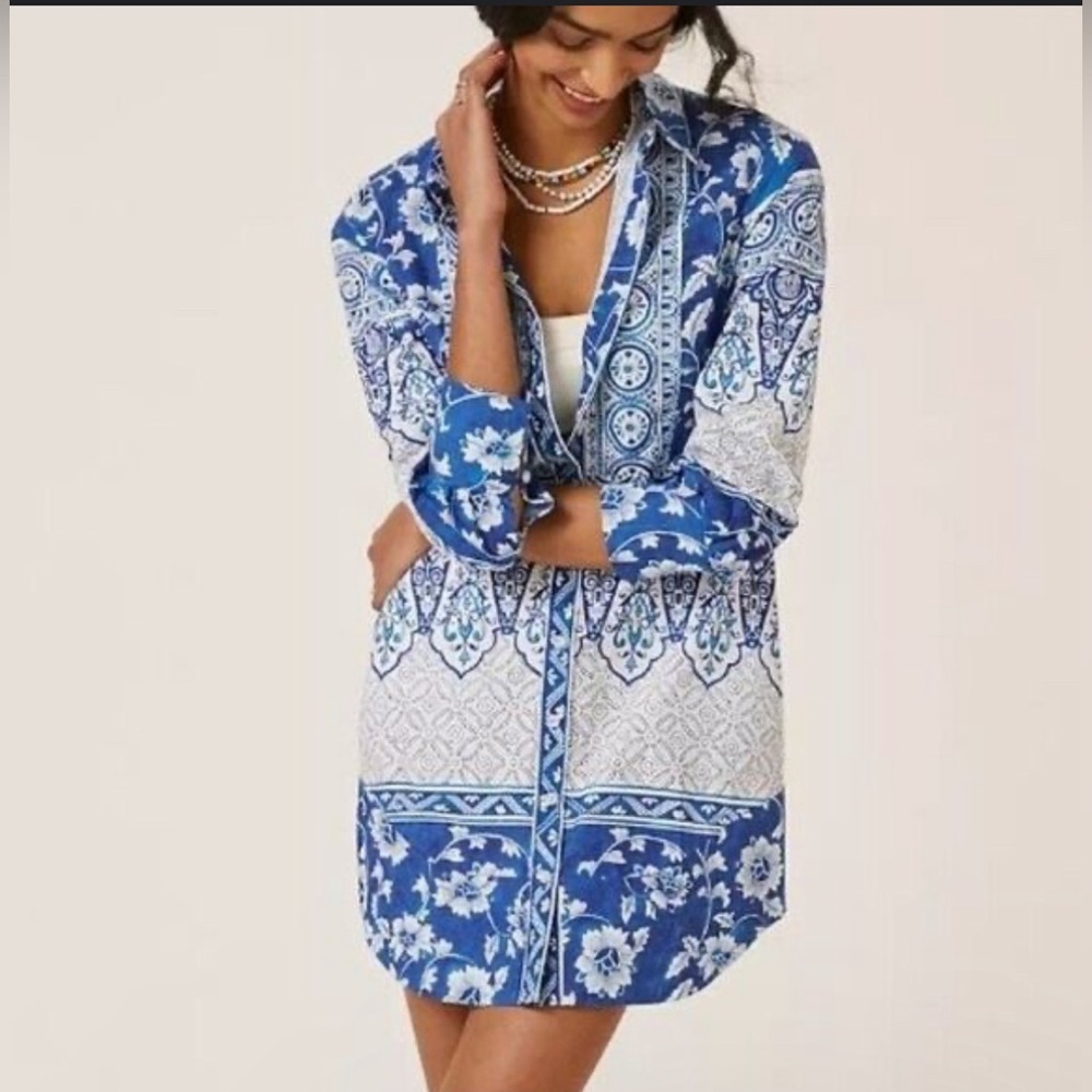 Anthropologie Size XL Blue Printed Collared Button Front  Shirt Dress
